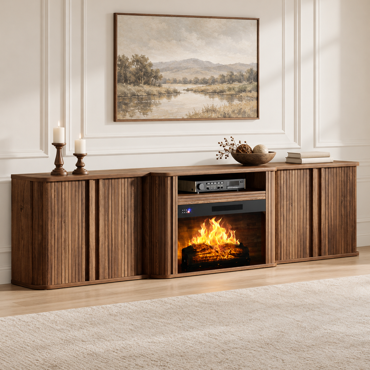 Arden Fluted Electric Fireplace TV Stand-90"-Warm Walnut