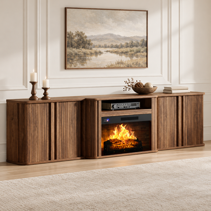Arden Fluted Electric Fireplace TV Stand-90"-Warm Walnut