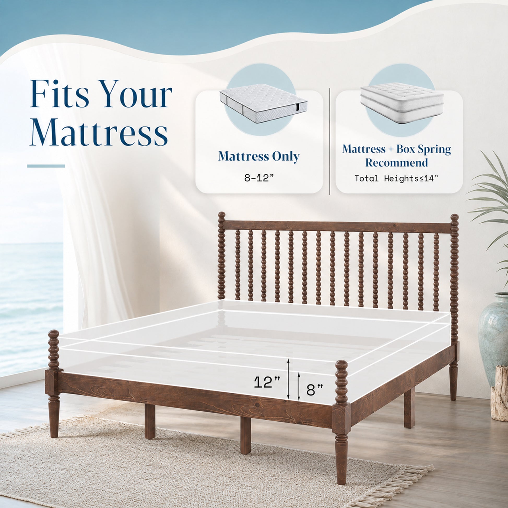Classic Bobbin Solid Wood Bed Frame-King-Dark Walnut