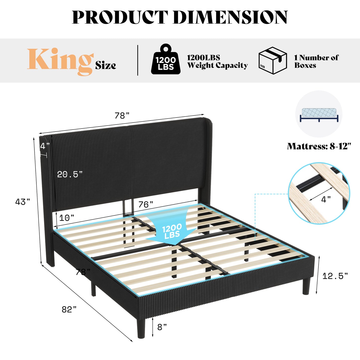 Corduroy Upholstered King Bed Frame-Black-King