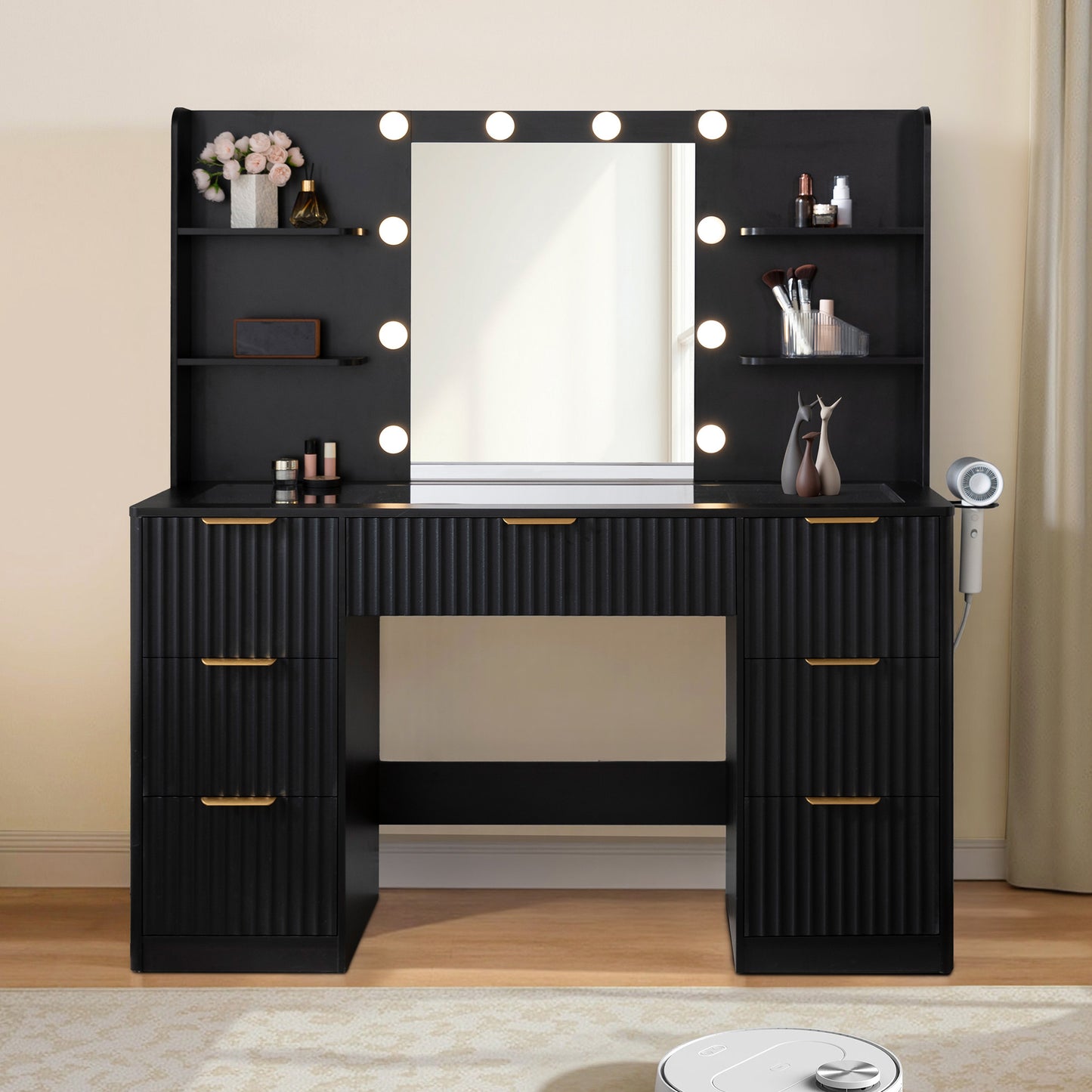 Glow 47.2" Fluted Vanity Desk Amerlife Black