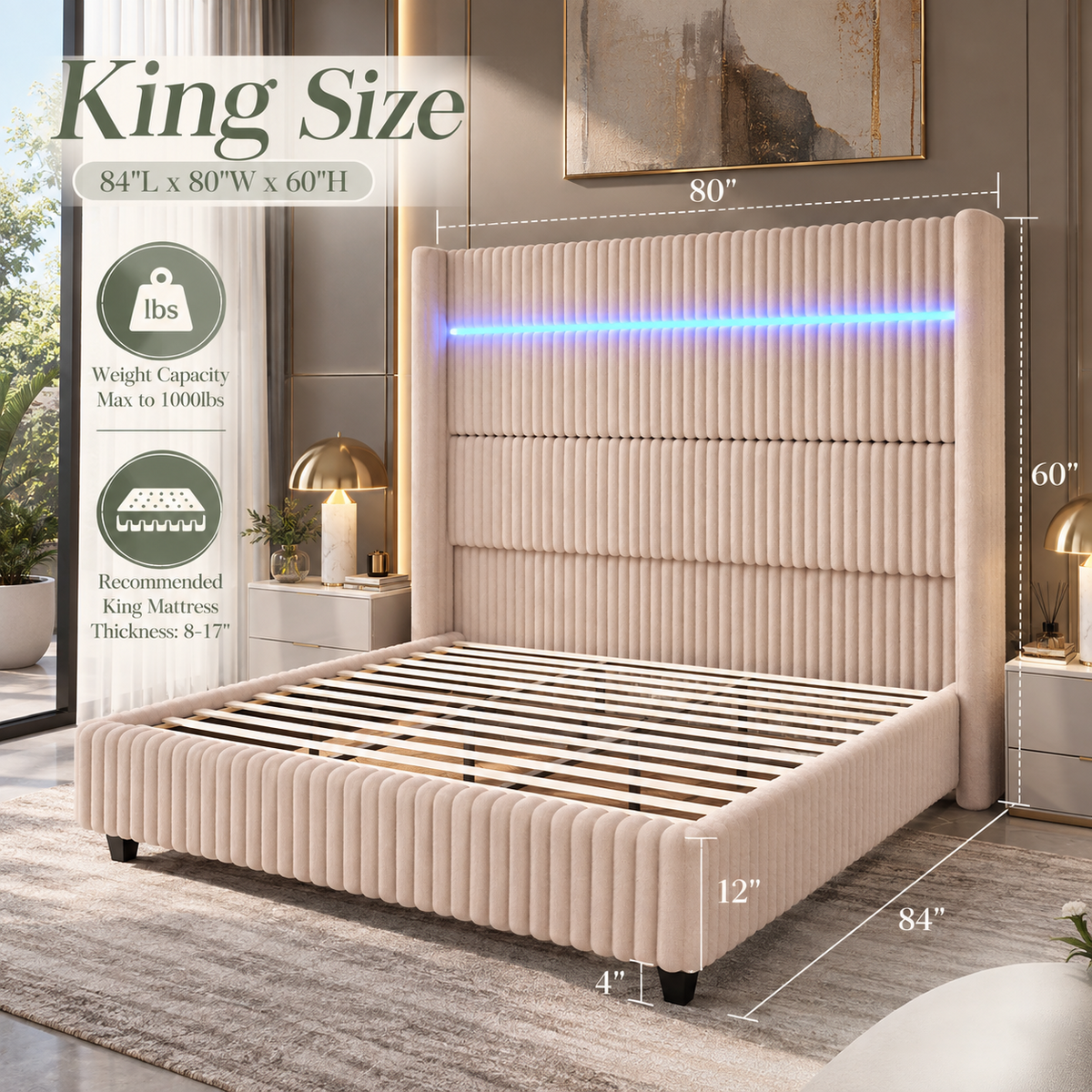 Warren Upholstered Bed Frame with LED Lights-King-Beige