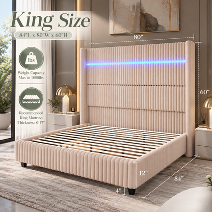Warren Upholstered Bed Frame with LED Lights-King-Beige
