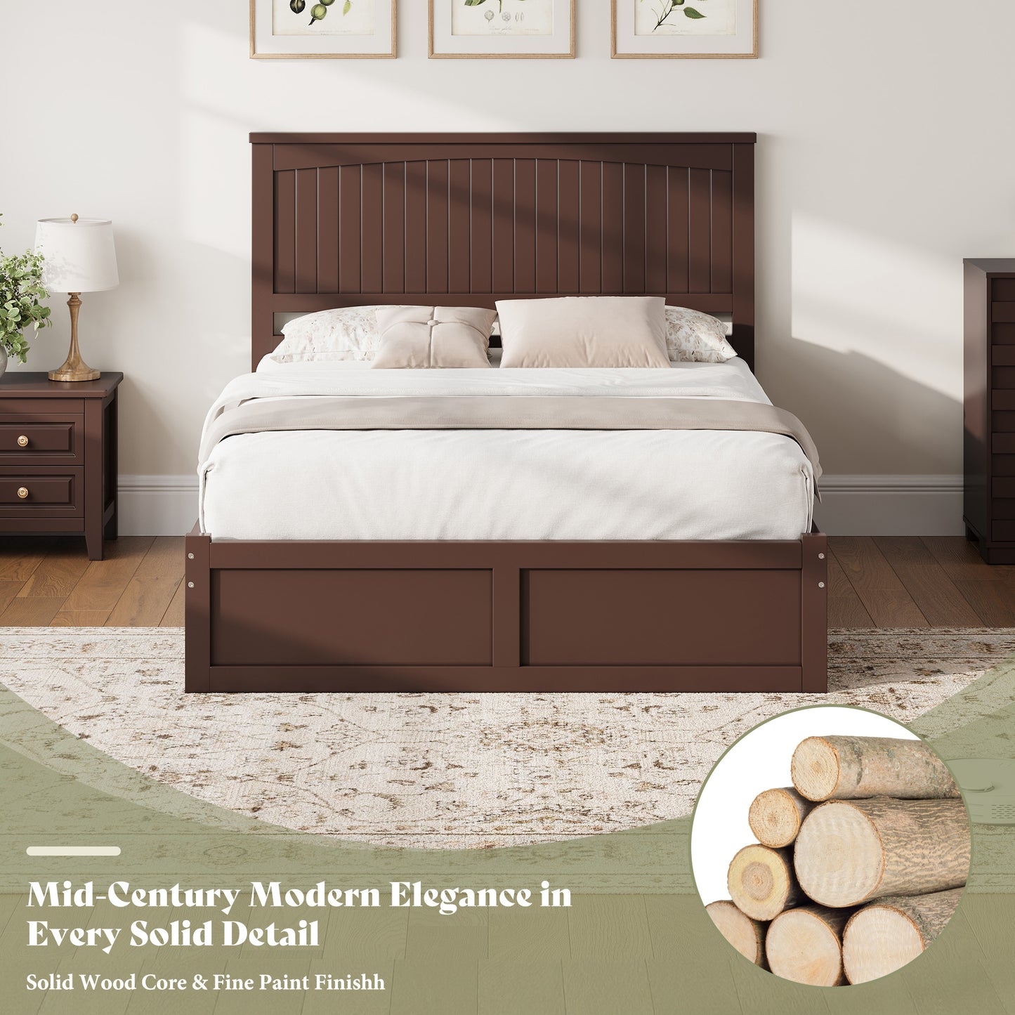 Solid Wood Platform Bed Frame-Queen-Espresso Brown