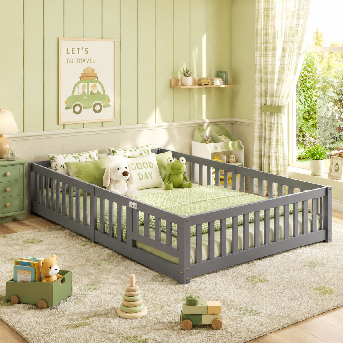 Solid Wood Toddler Floor Bed with Safety Rails