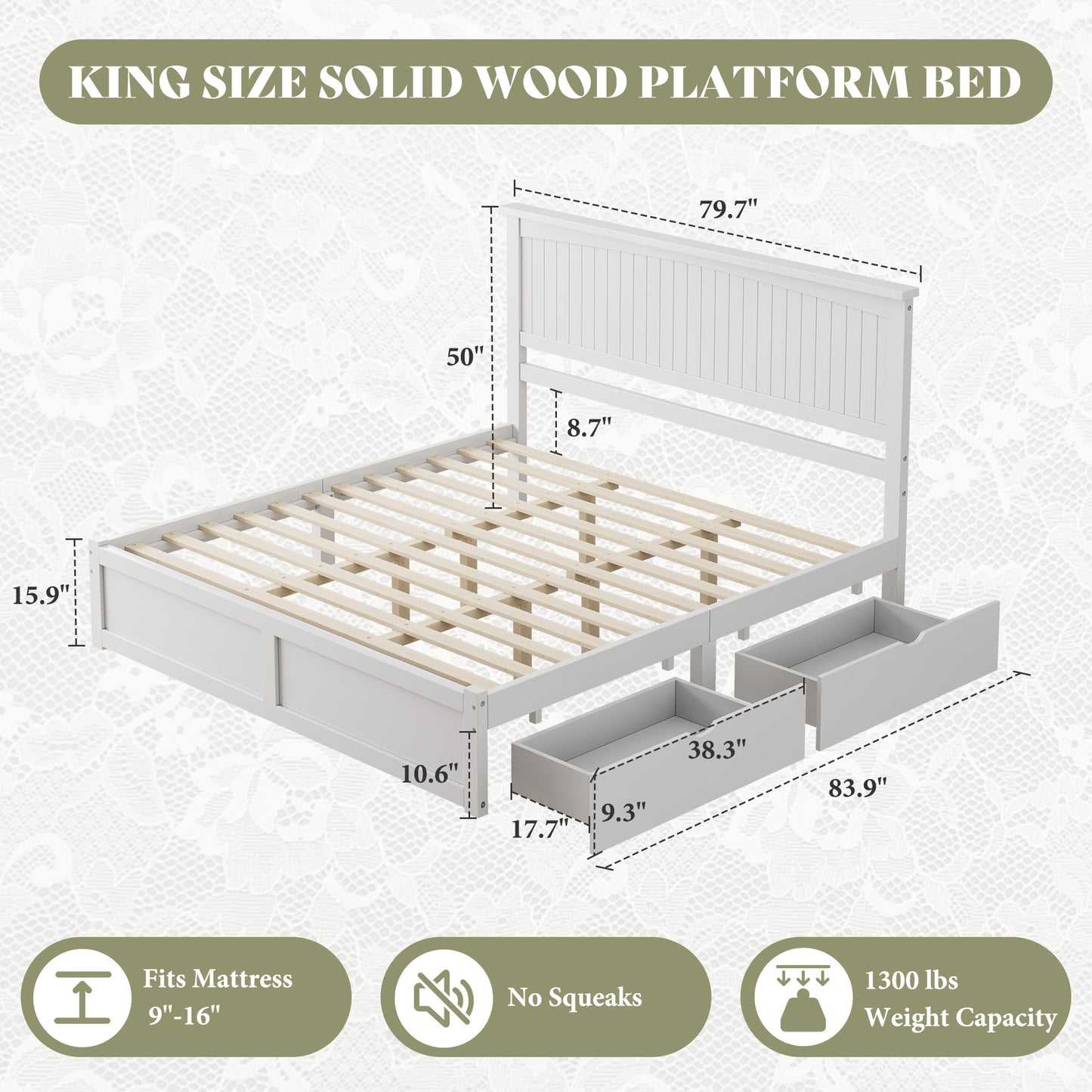 Solid Wood Platform Bed Frame-King-Coastal White