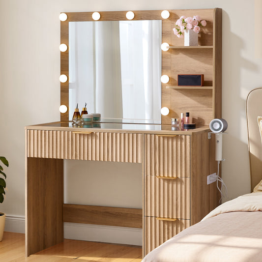 Glow 36.2" Fluted Vanity Desk Amerlife Natural Wood