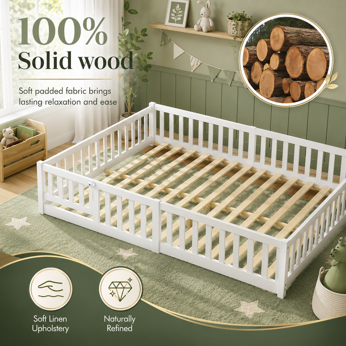 Solid Wood Toddler Floor Bed with Safety Rails