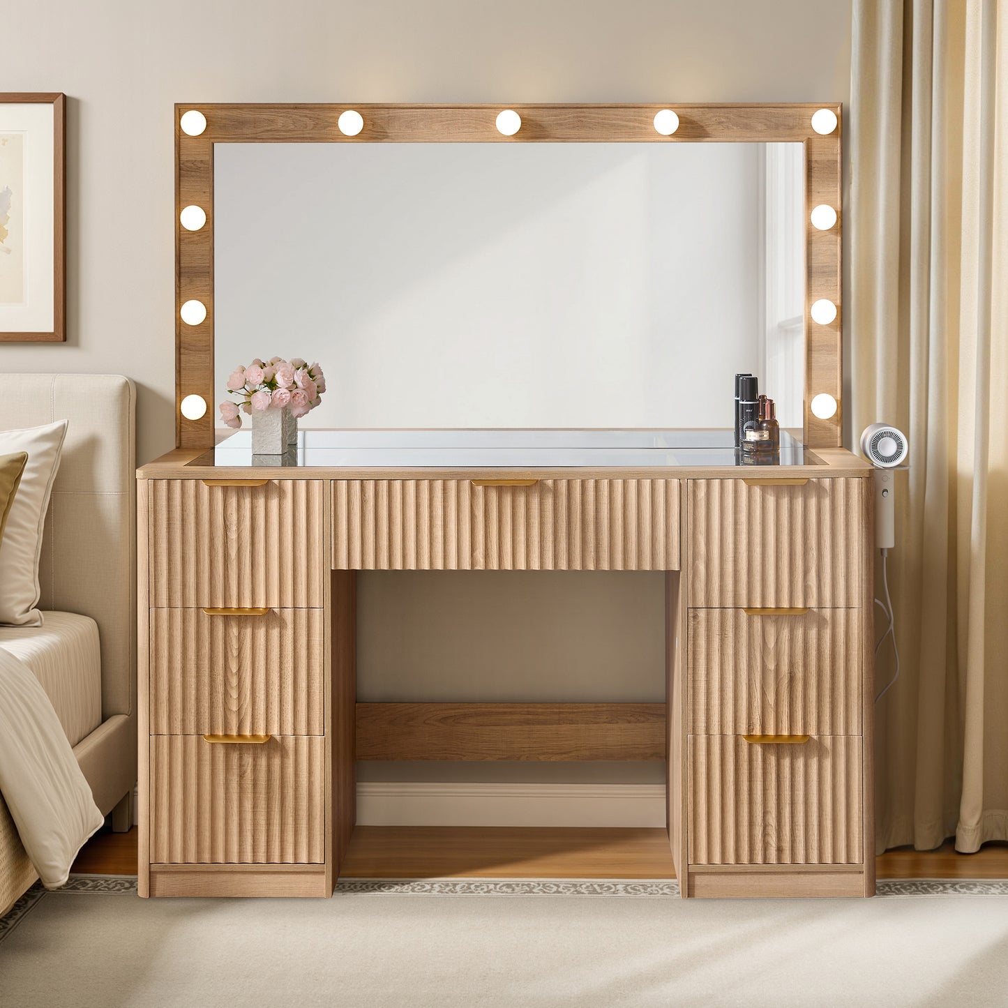 Glow 47.2" Fluted Vanity Desk Amerlife Natural Wood
