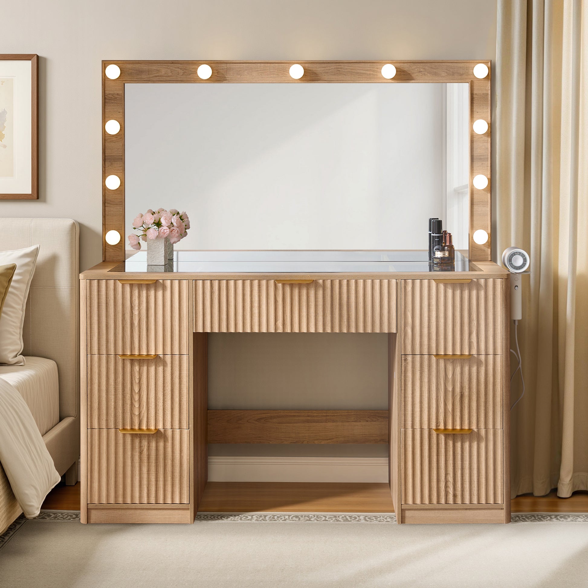 Glow 47.2" Fluted Vanity Desk Amerlife Natural Wood