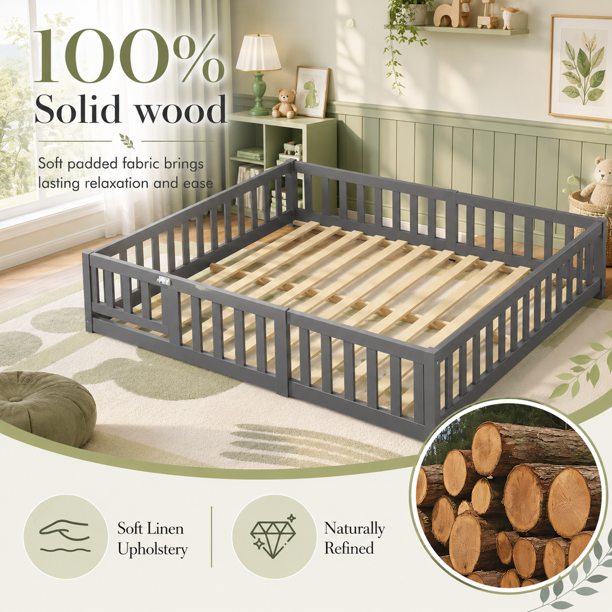 Solid Wood Toddler Floor Bed with Safety Rails