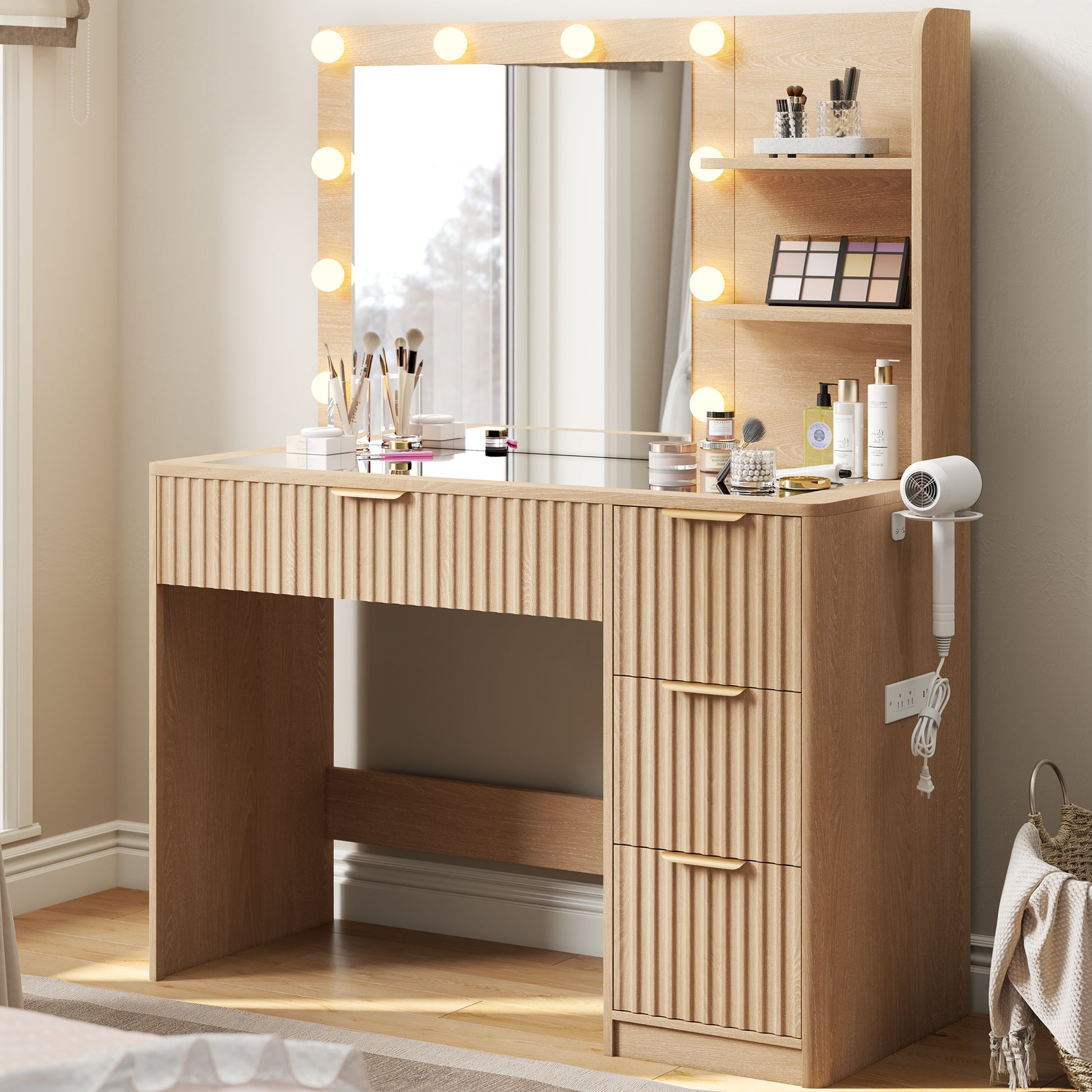 Glow 36.2" Fluted Vanity Desk Amerlife Natural Wood