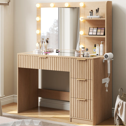 Glow 36.2" Fluted Vanity Desk Amerlife Natural Wood