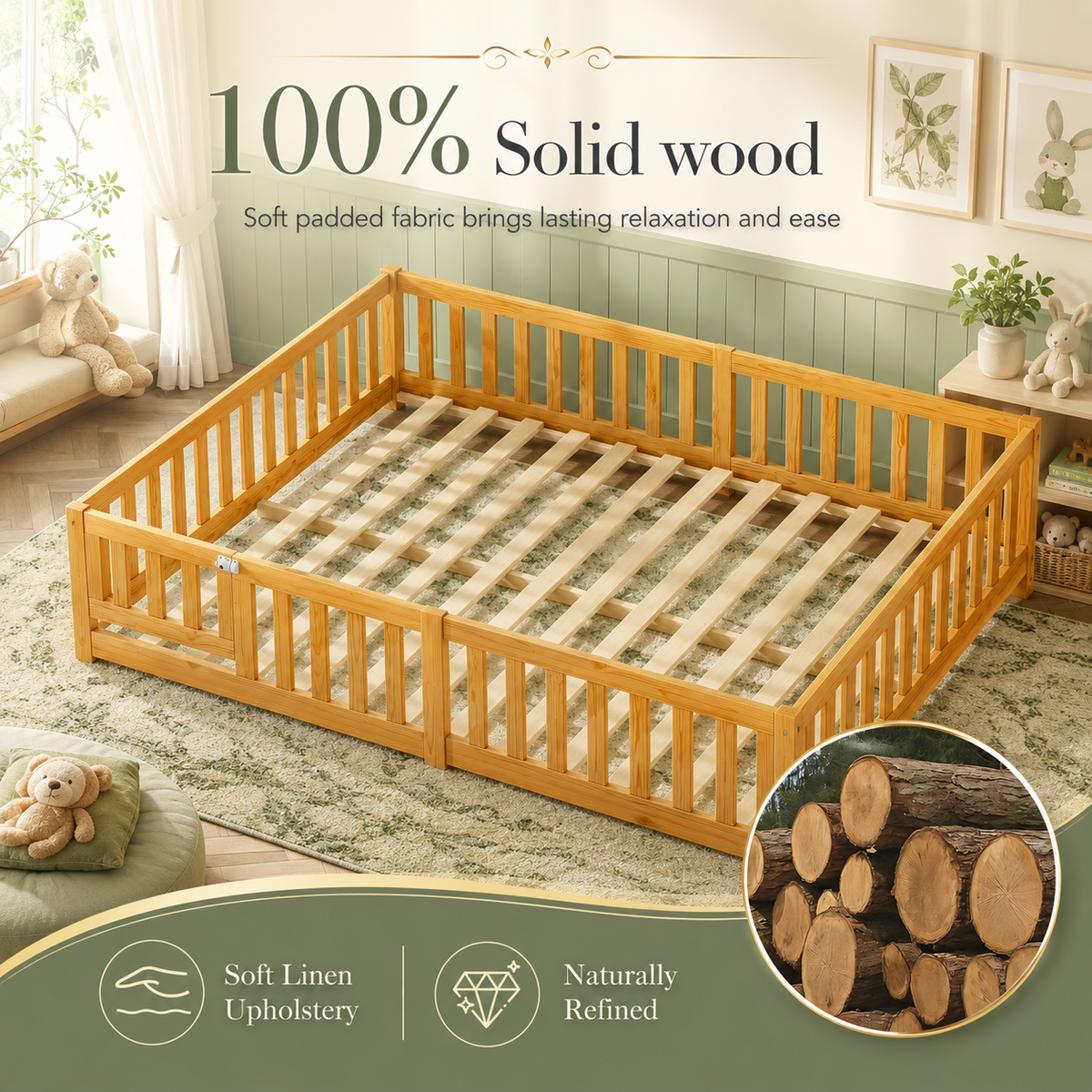 Solid Wood Toddler Floor Bed with Safety Rails