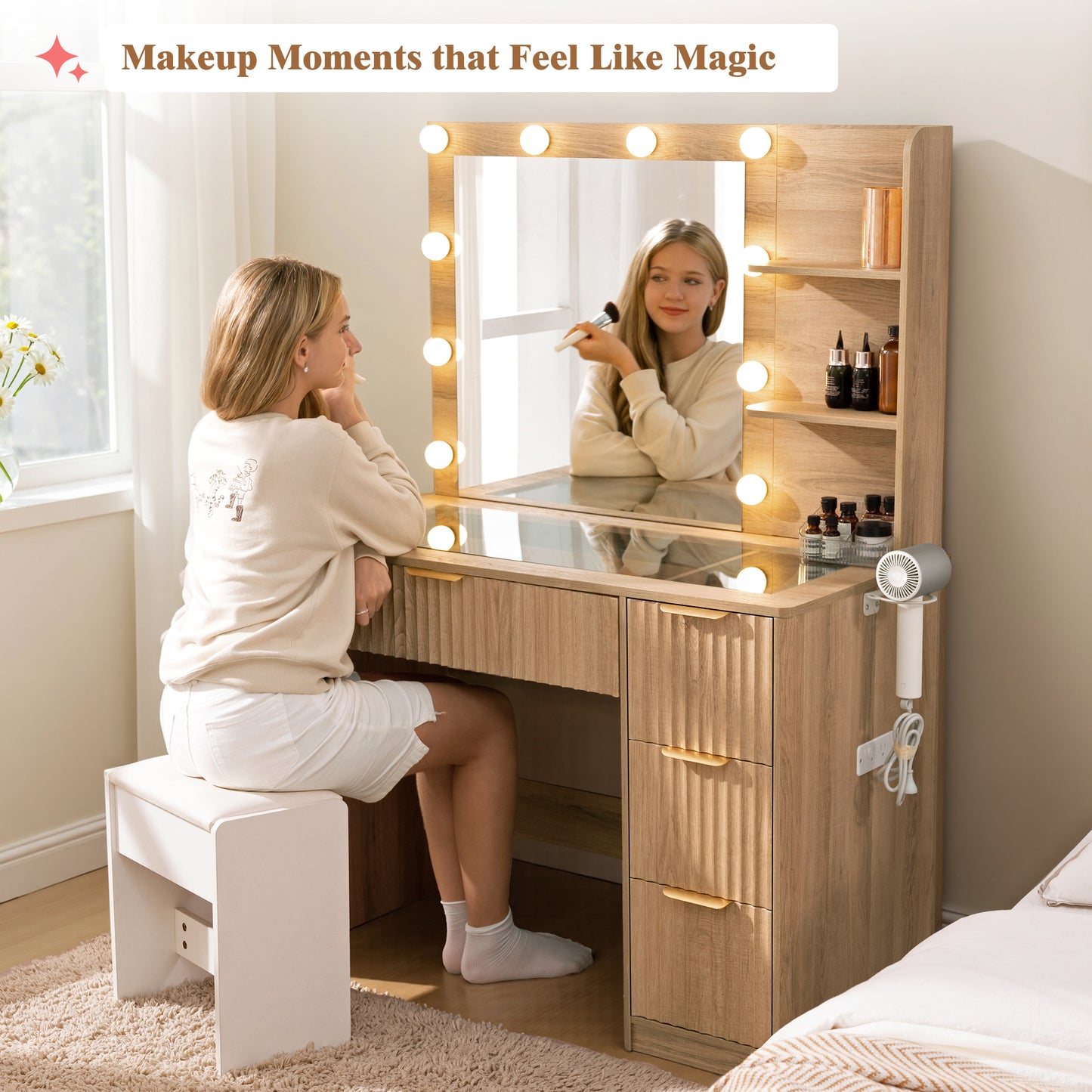 Glow 36.2" Fluted Vanity Desk Amerlife Natural Wood