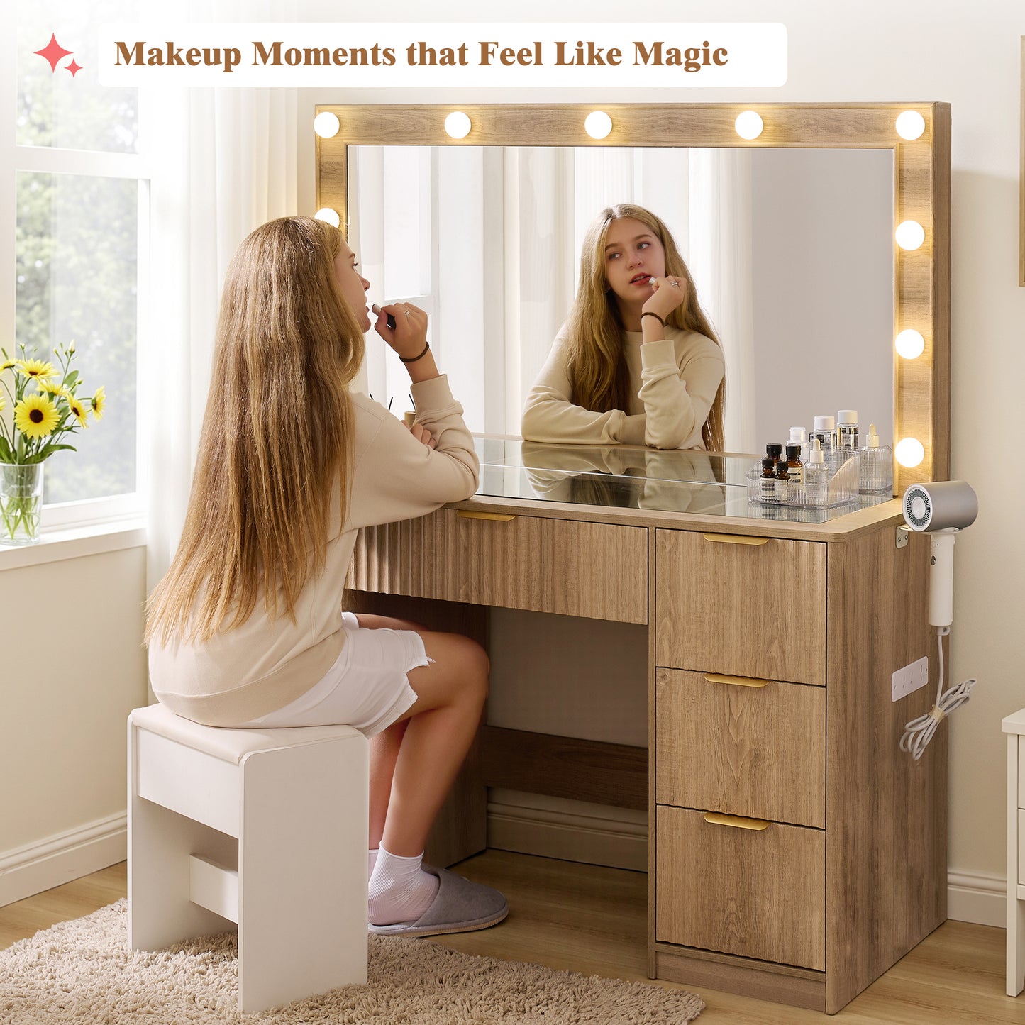 Glow 47.2" Fluted Vanity Desk Amerlife Natural Wood