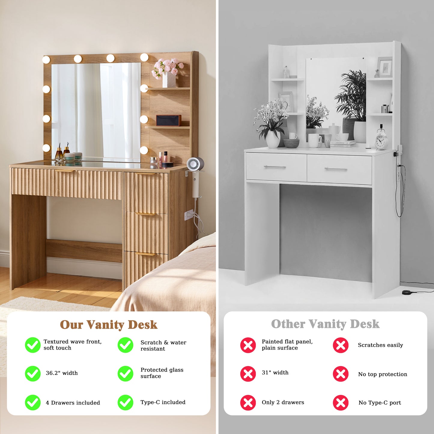 Glow 36.2" Fluted Vanity Desk Amerlife Natural Wood