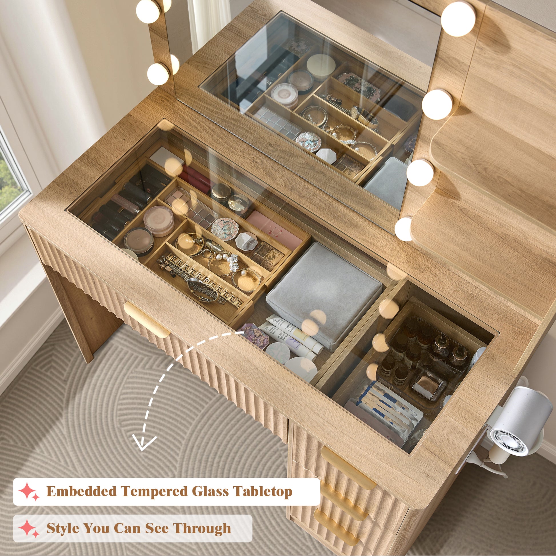 Glow 36.2" Fluted Vanity Desk Amerlife Natural Wood