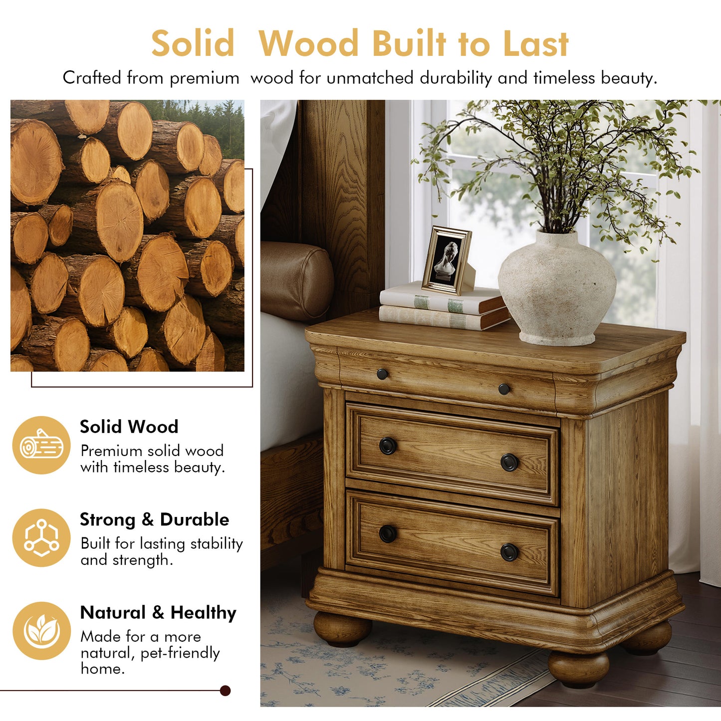 Bun Fully Assembly Wood Nightstand Amerlife Light Brown / 30" W