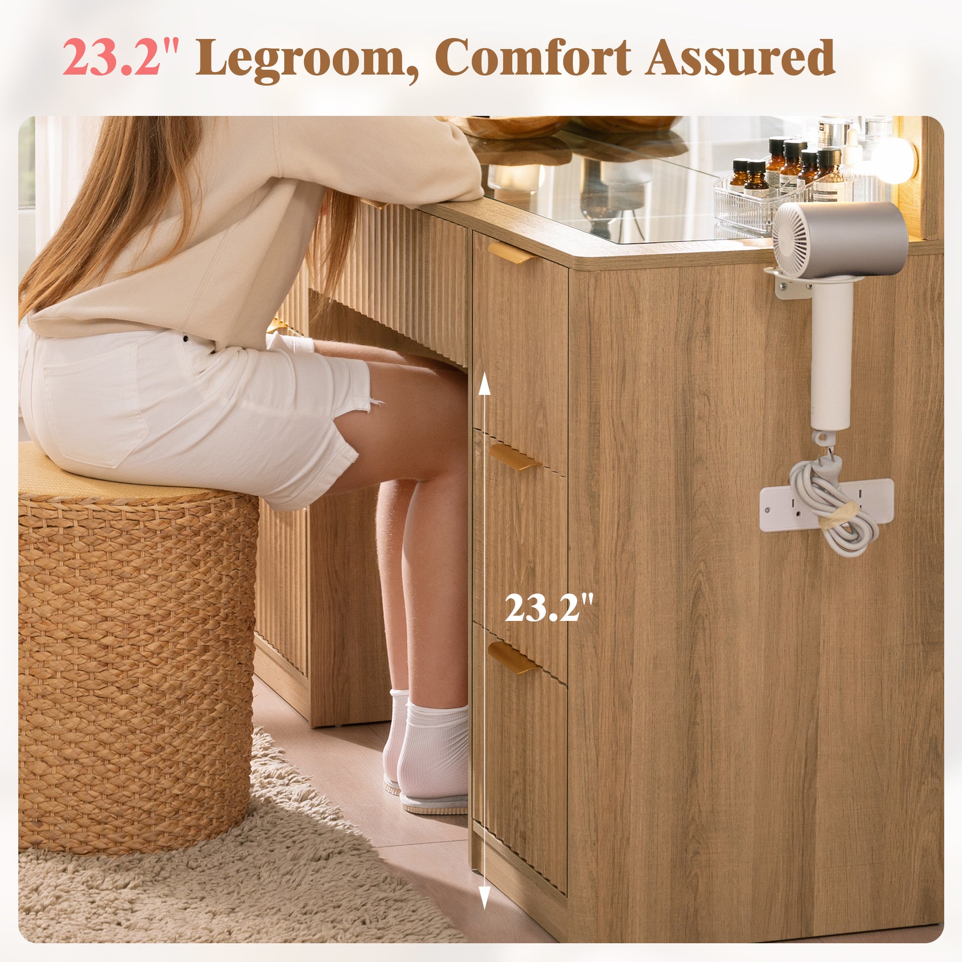 Glow 47.2" Fluted Vanity Desk Amerlife Natural Wood