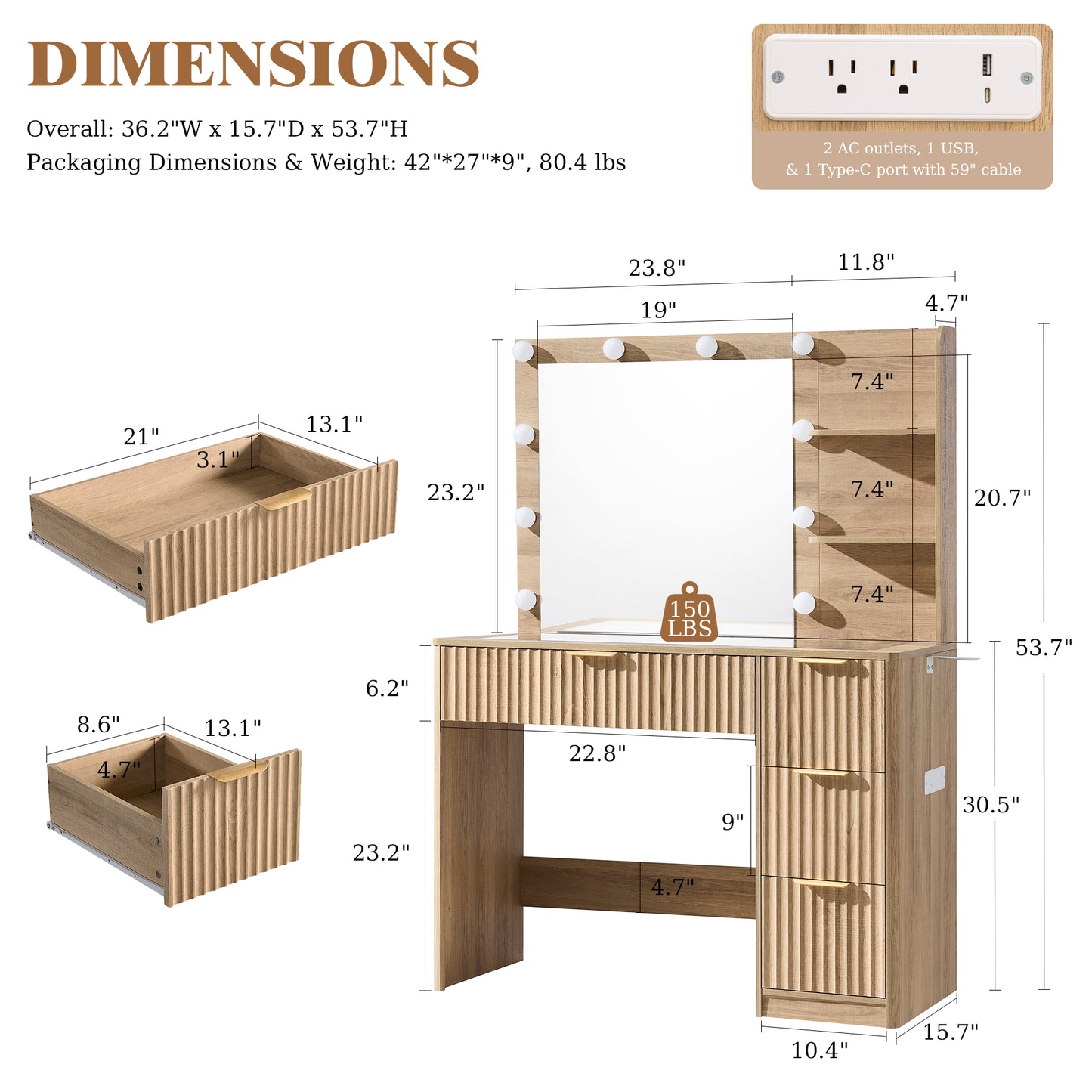Glow 36.2" Fluted Vanity Desk Amerlife Natural Wood