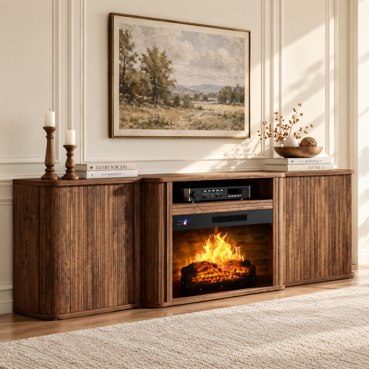 Arden Fluted Electric Fireplace TV Stand-70"-Warm Walnut