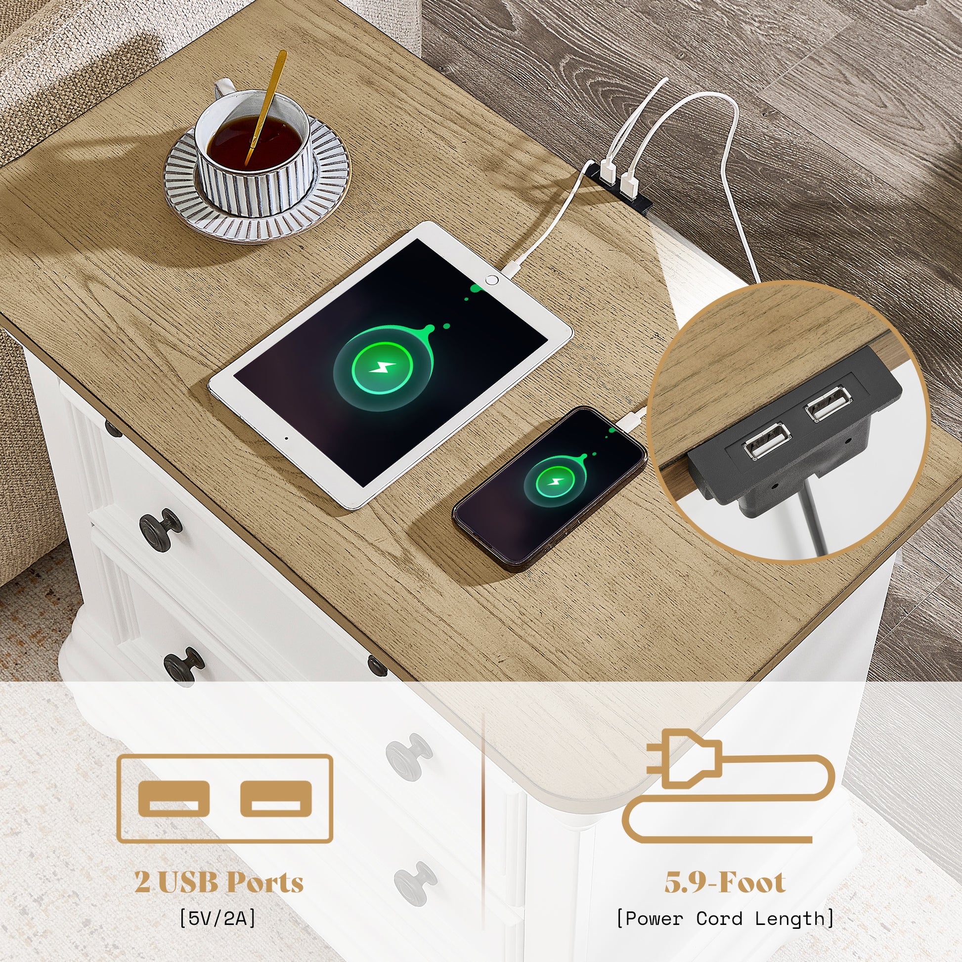 Bun Fully Assembly Wood Nightstand Amerlife White ＆Brown / 30" W