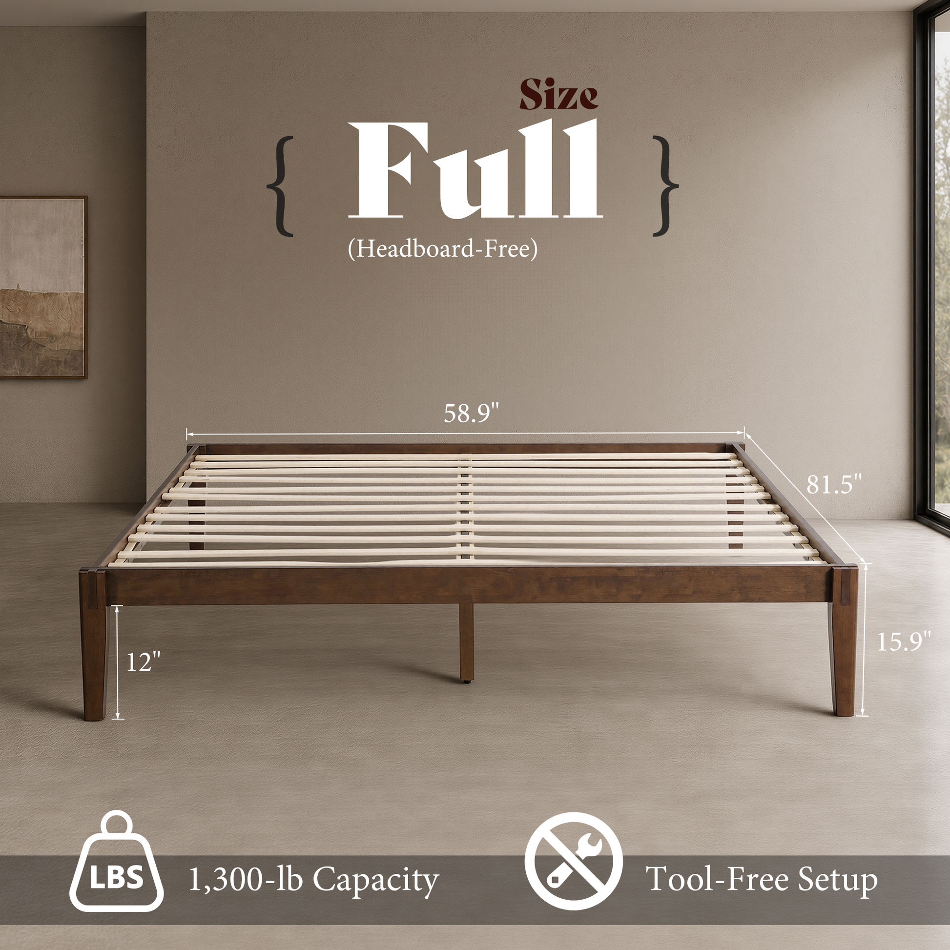 Quill Japanese Joinery Solid Wood Platform Bed Frame-Full-Dark Walnut