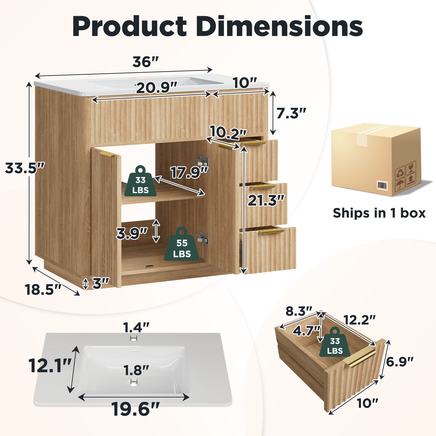 Modern Fluted Bathroom Vanity Collection - 36‘’-oak