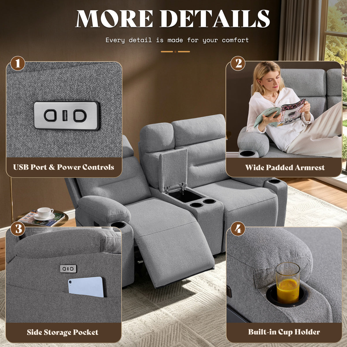 L-Shaped Power Reclining Sectional Sofa with Console-Loveseat with Console-Light Grey