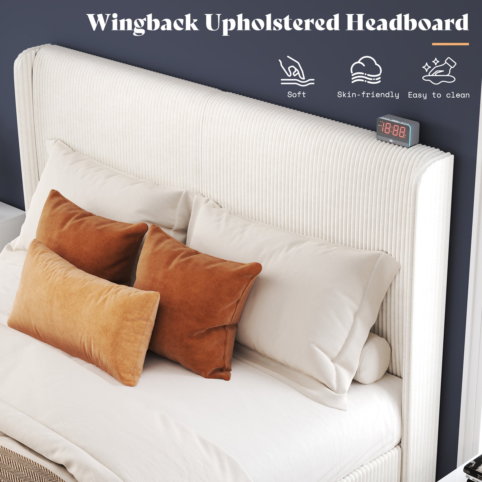 Corduroy Upholstered King Bed Frame-White