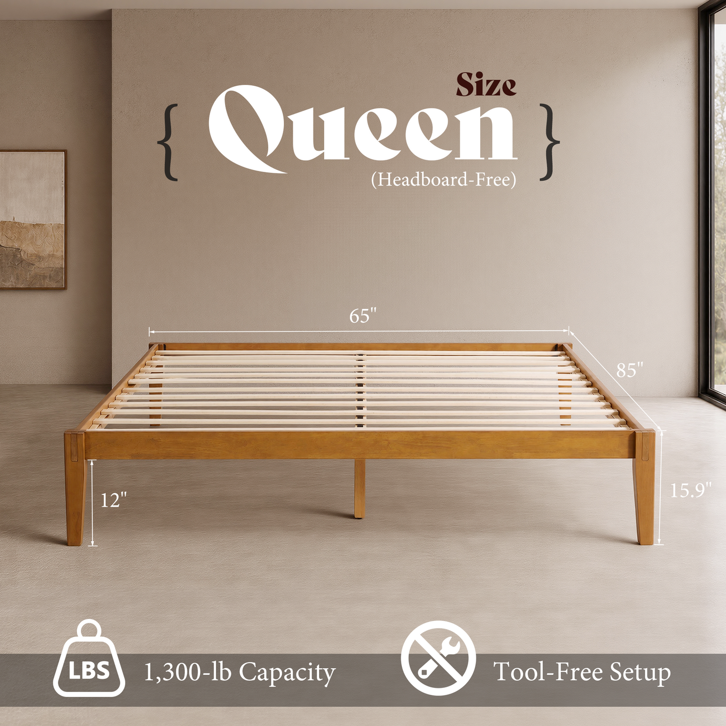 Quill Japanese Joinery Solid Wood Platform Bed Frame-Queen-Honey Brown