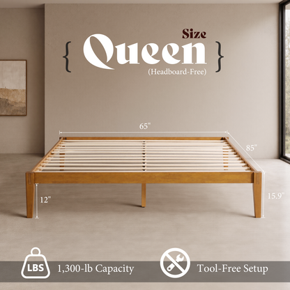 Quill Japanese Joinery Solid Wood Platform Bed Frame-Queen-Honey Brown