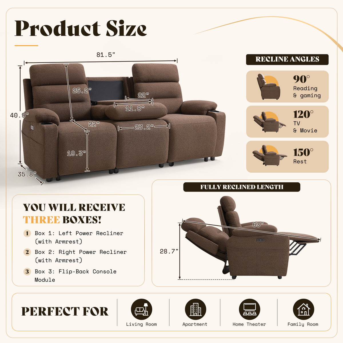 L-Shaped Power Reclining Sectional Sofa with Console-3-Seat with Flip Console-Brown