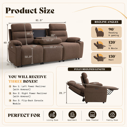 L-Shaped Power Reclining Sectional Sofa with Console-3-Seat with Flip Console-Brown
