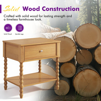 Spindle Solid Wood Nightstand   Natural Wood / 1PC