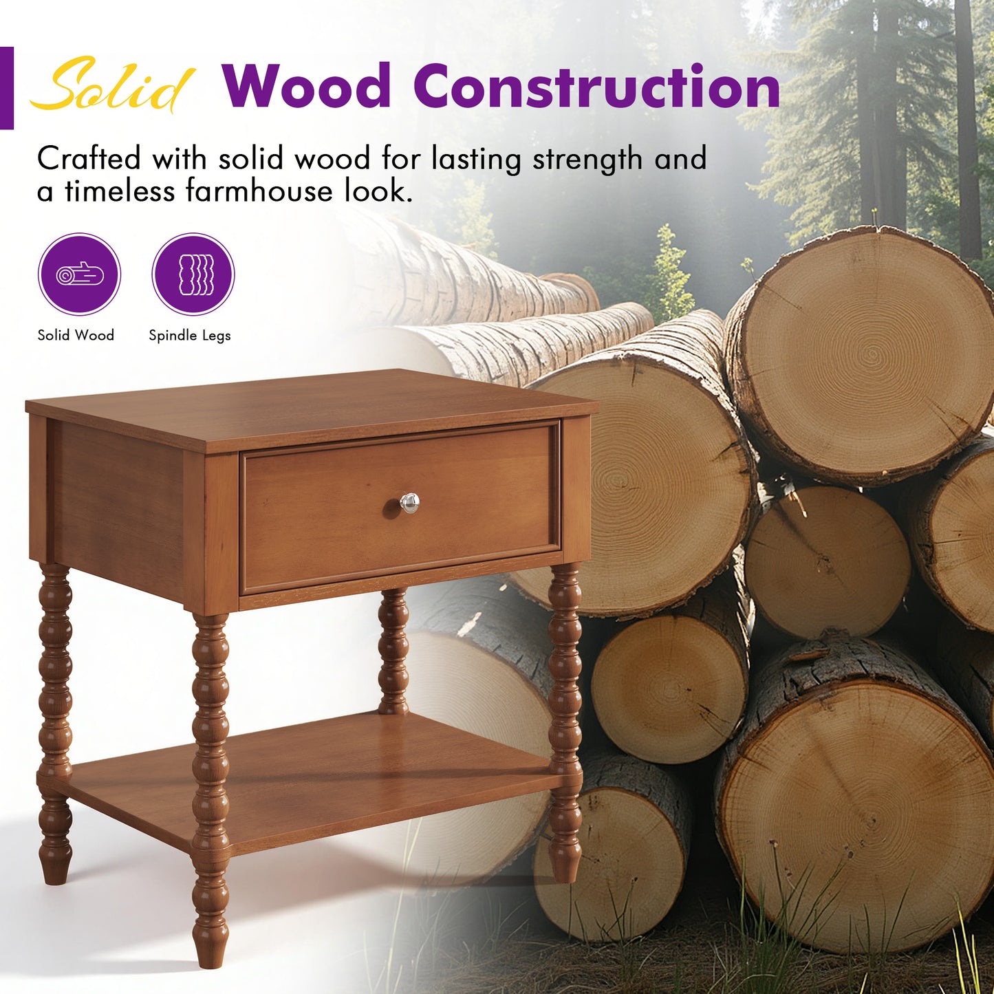 Spindle Solid Wood Nightstand  Brown / 2PC