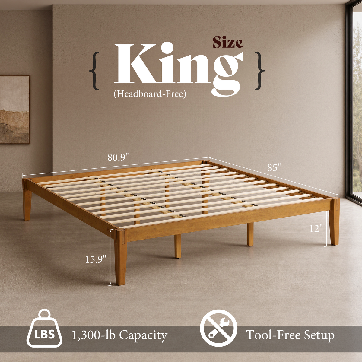 Quill Japanese Joinery Solid Wood Platform Bed Frame-King-Honey Brown
