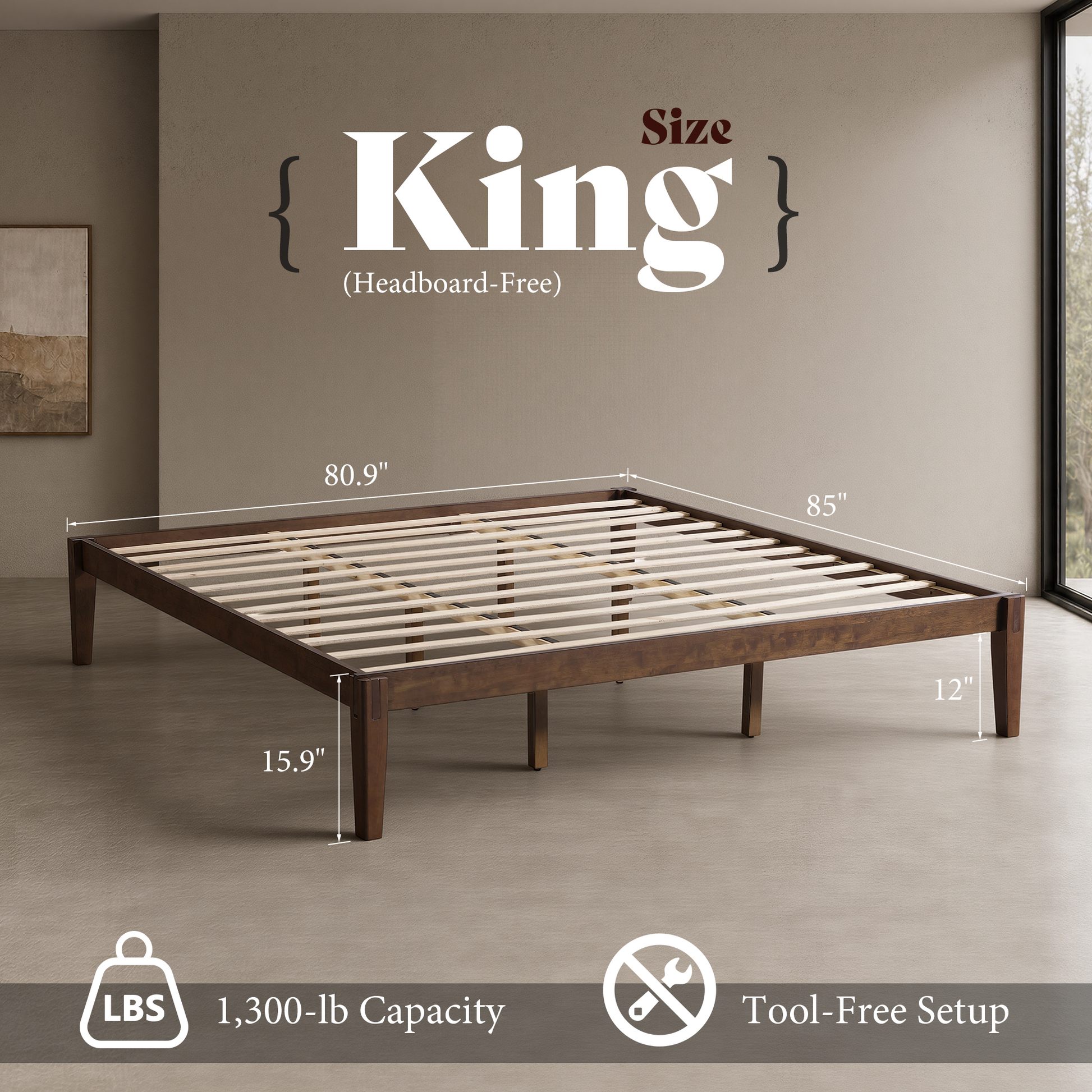 Quill Japanese Joinery Solid Wood Platform Bed Frame-King-Dark Walnut