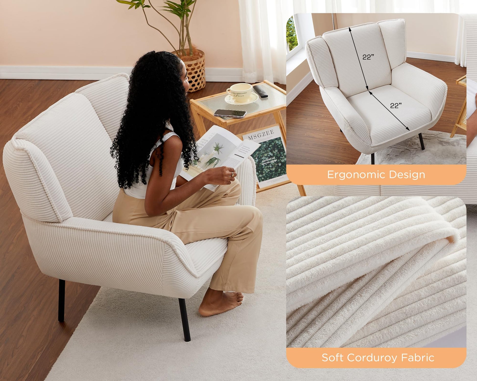 Accent Wingback Corduroy Chair of 4 - White