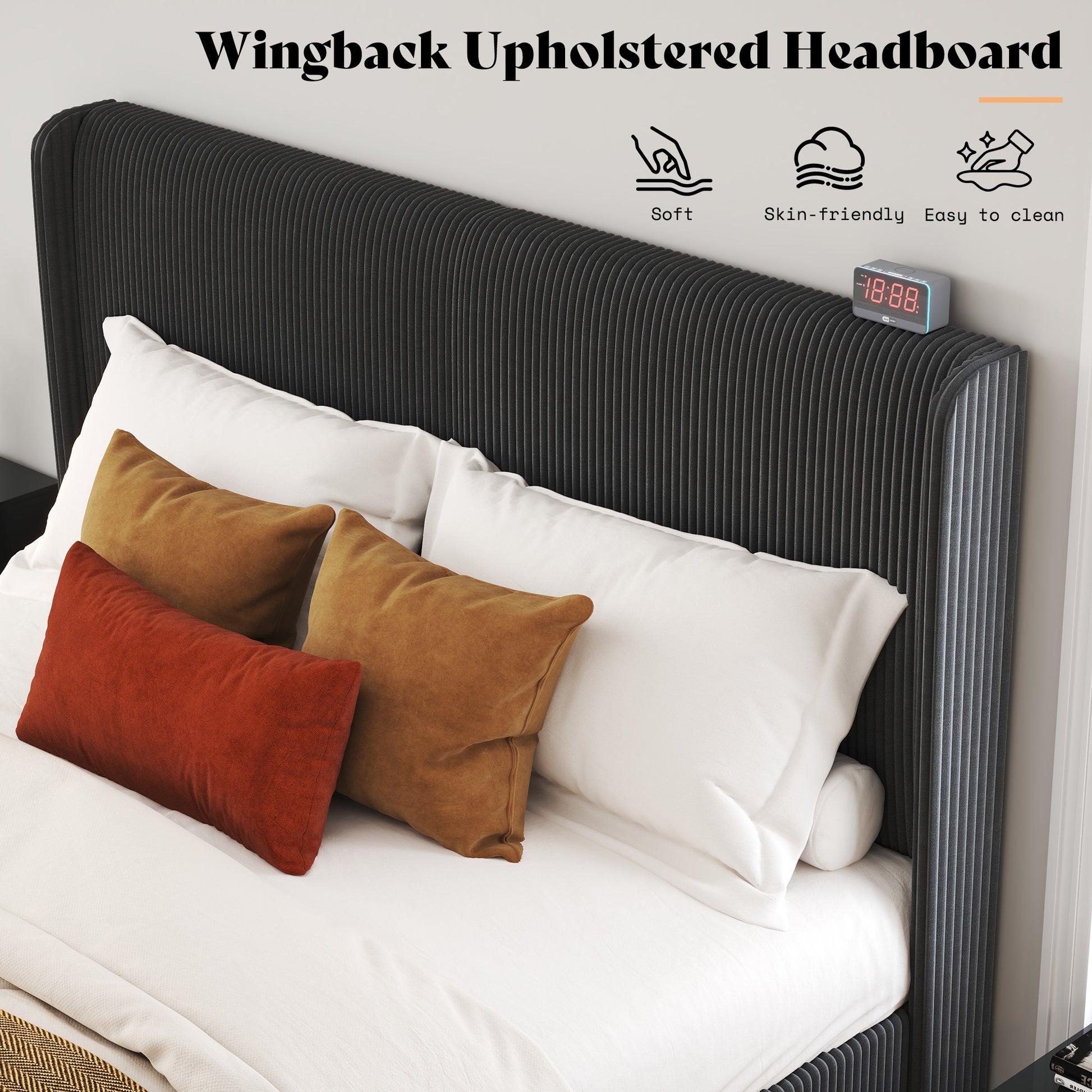 Corduroy Upholstered King Bed Frame-Black