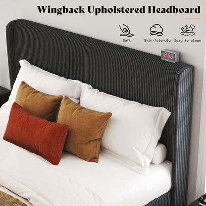 Corduroy Upholstered King Bed Frame-Black