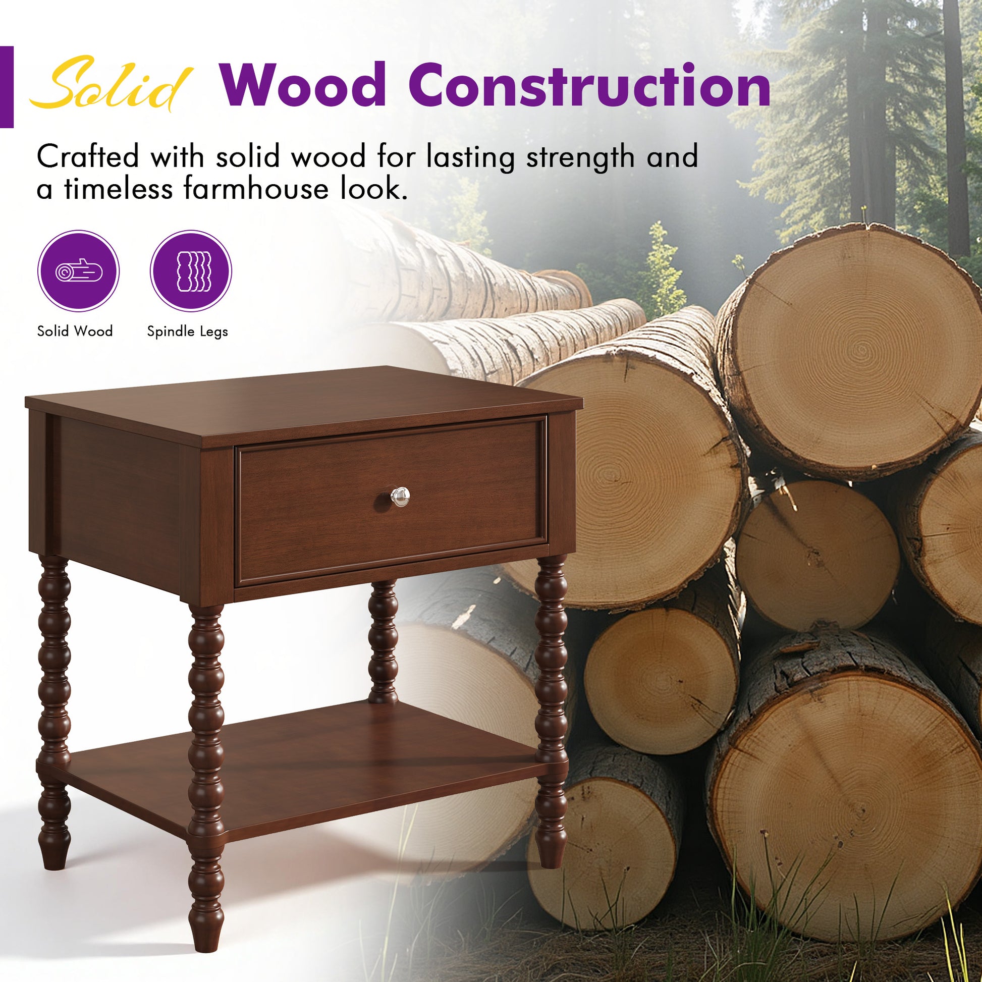 Spindle Solid Wood Nightstand  Dark Walnut / 1PC