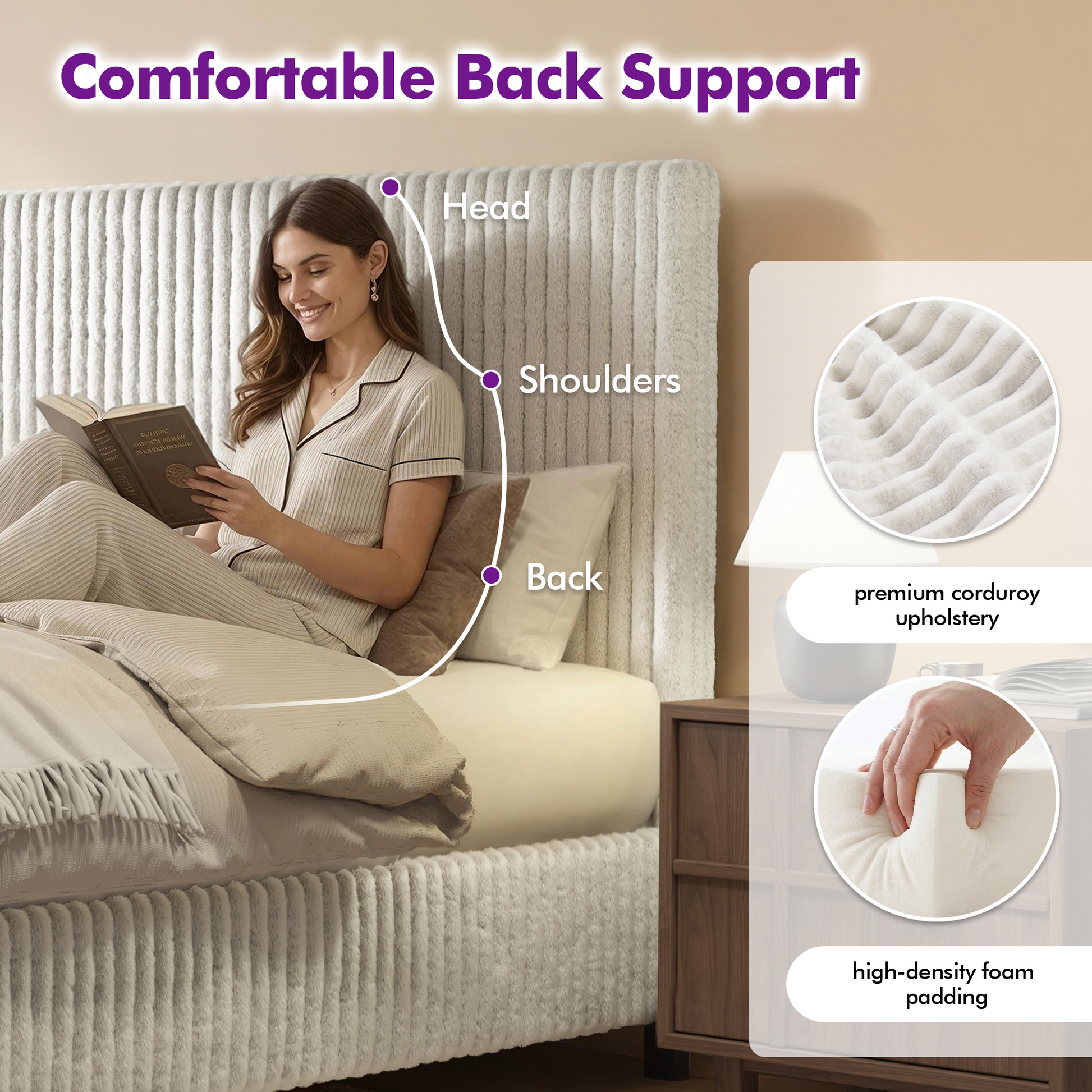 Velmure Corduroy Platform Bed Frame  King / Cream