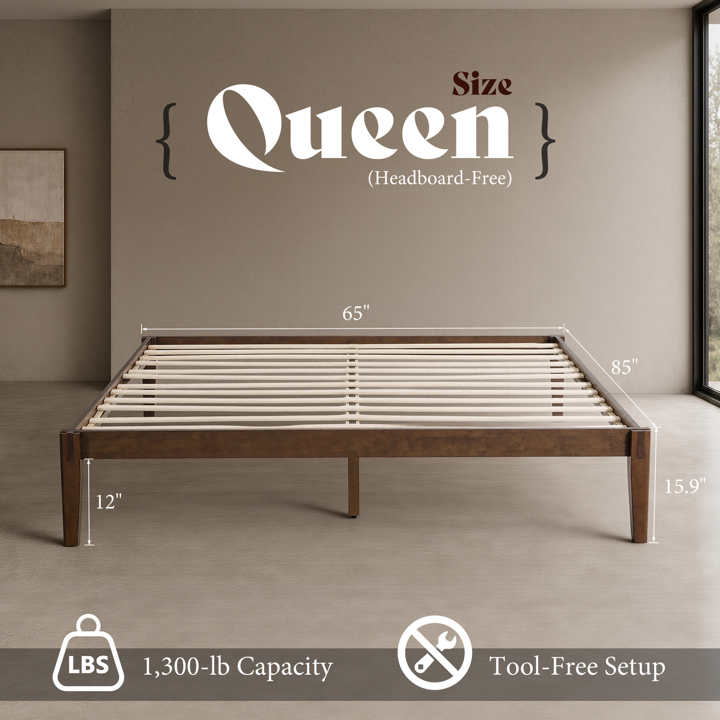 Quill Japanese Joinery Solid Wood Platform Bed Frame-Queen-Dark Walnut