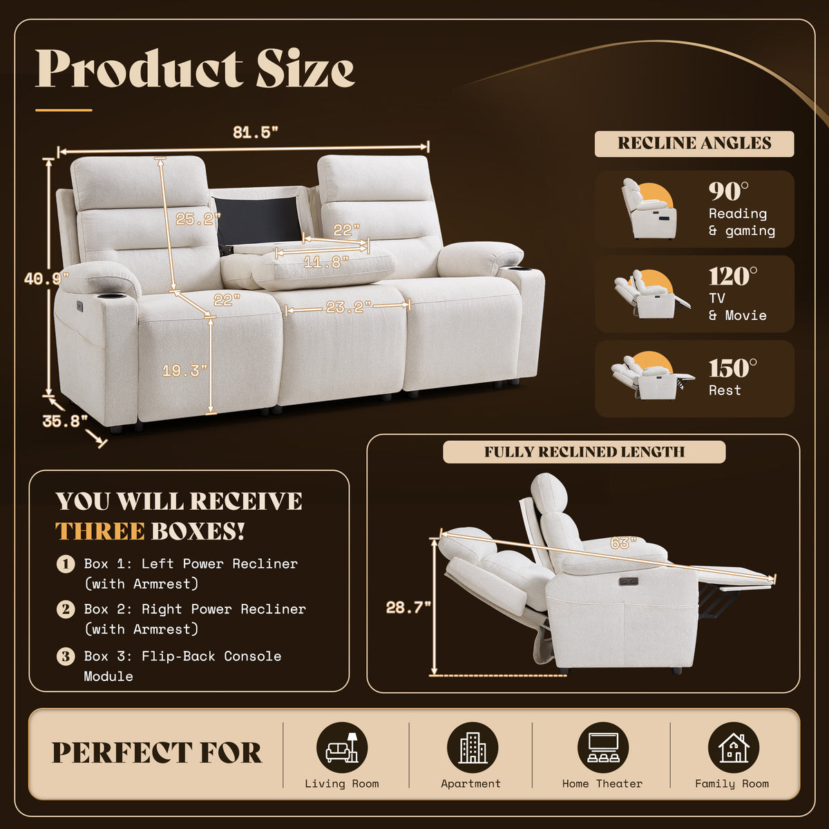 L-Shaped Power Reclining Sectional Sofa with Console-3-Seat with Flip Console-Beige