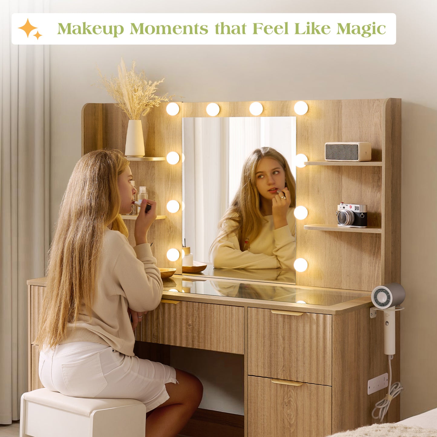 Glow 47.2" Fluted Vanity Desk Amerlife Natural Wood