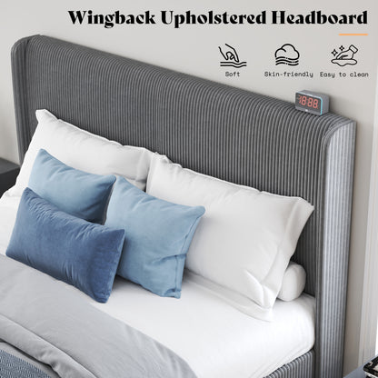 Corduroy Upholstered King Bed Frame-Grey