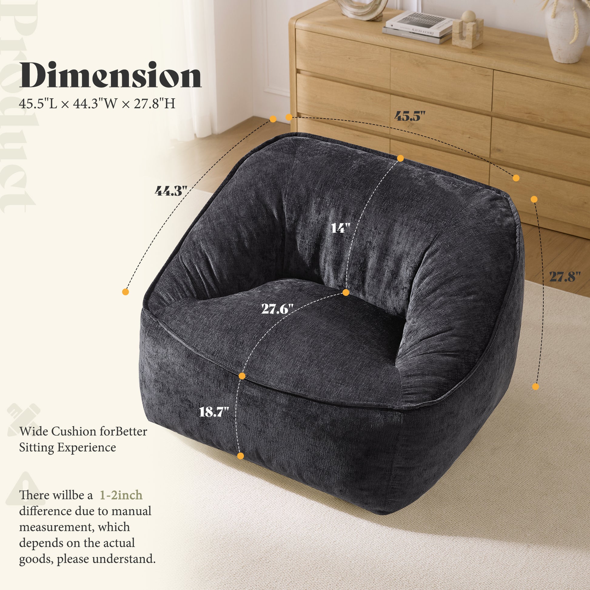 Amerlife Oversized Bean Bag Lounge Chair-Black Chenille