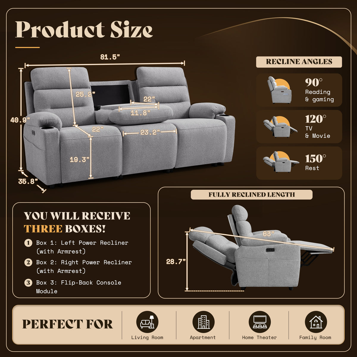 L-Shaped Power Reclining Sectional Sofa with Console-3-Seat with Flip Console-Light Grey